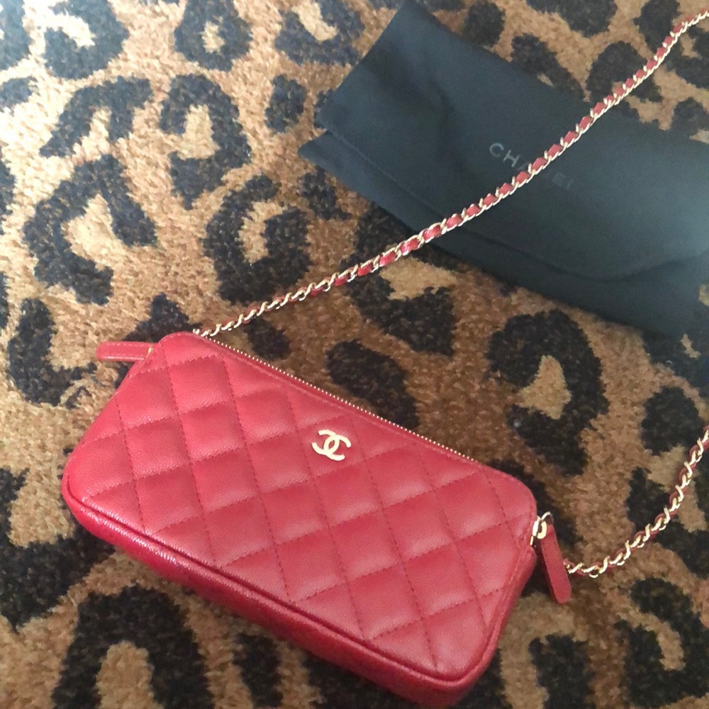 Double zip cavier leather Chanel wallet on chain